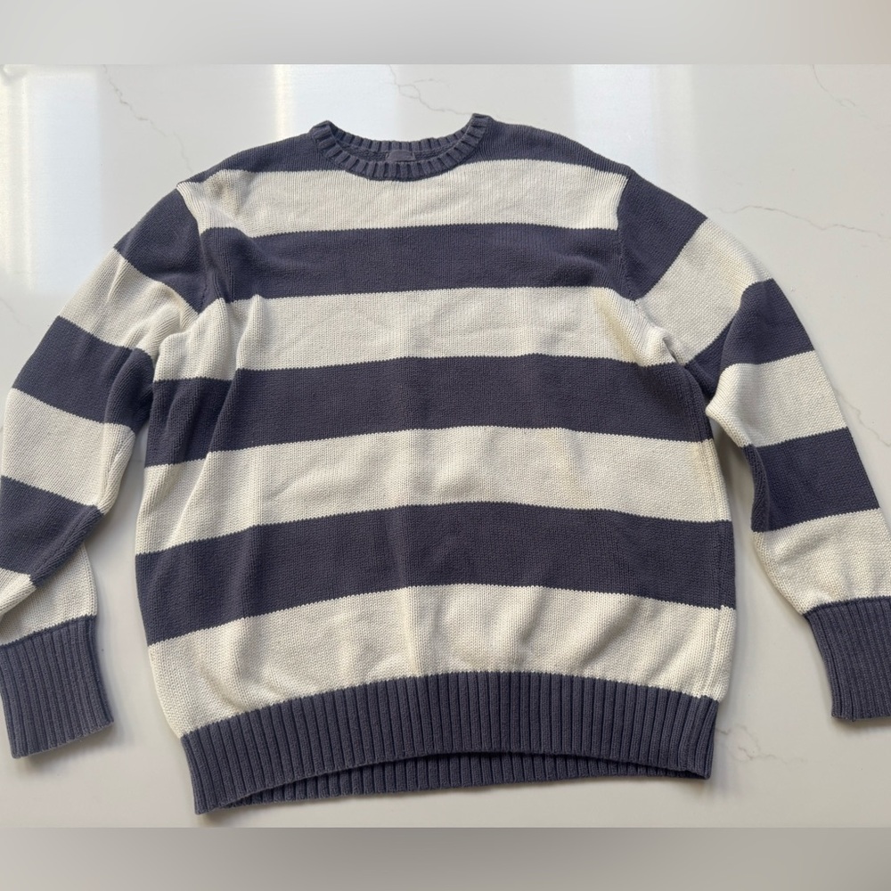 Brandy Melville Brianna Cotton Thick Navy and Cream Striped Crewneck Sweater